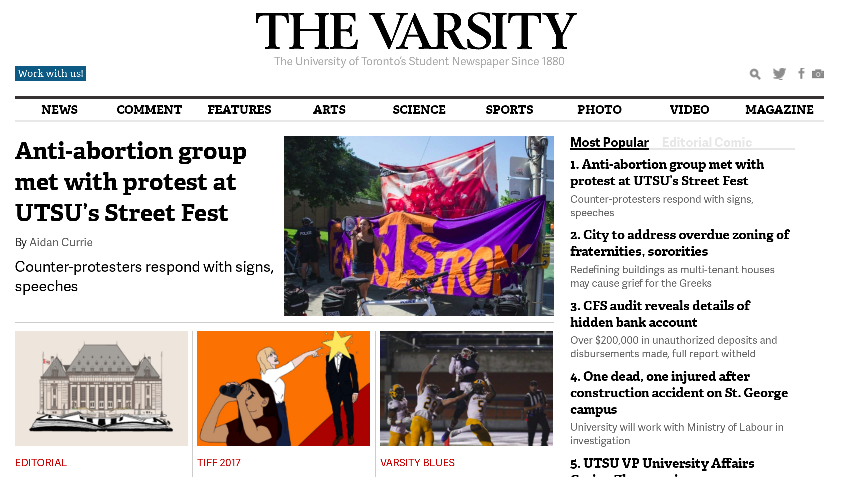 TheVarsity.ca screenshot of front page article about UTSFL